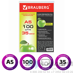 Папки-файлы МАЛОГО ФОРМАТА (148х210 мм), А5, ГОРИЗОНТАЛЬНЫЕ, КОМПЛЕКТ 100 шт., 35 мкм, BRAUBERG, 223085